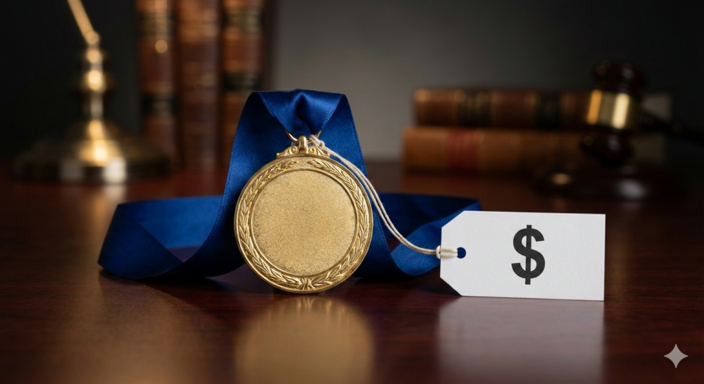 Medalla de oro con una etiqueta de precio sobre un escritorio de madera en un despacho jurídico.